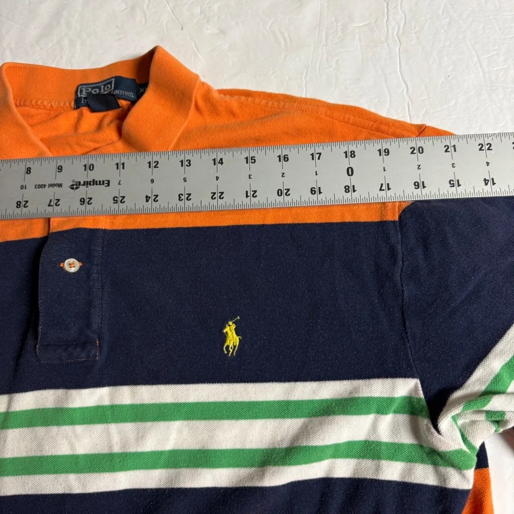 Polo‎ Ralph Lauren Mens XXL Orange Navy Blue Striped Colorblock Pique Polo Shirt